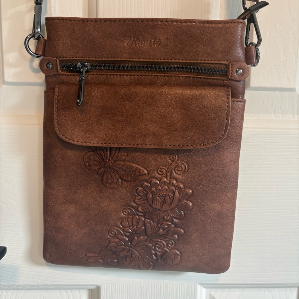Brown Embossed Crossbody Bag, Vegan Leather, Unique Floral Design, New
